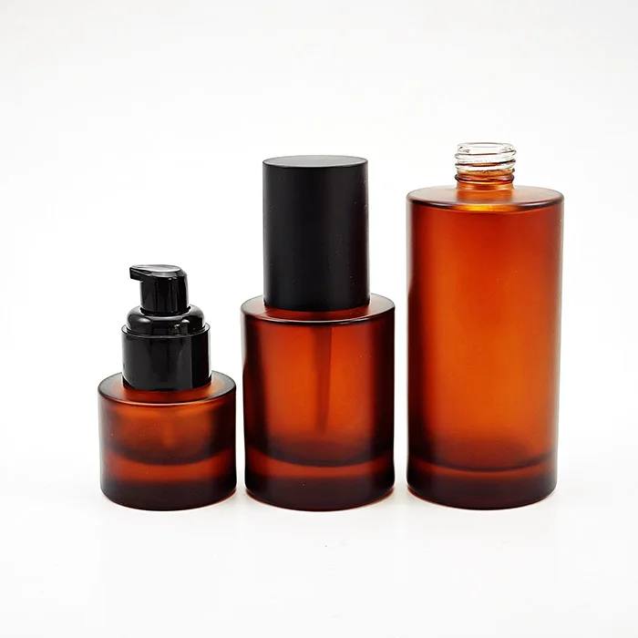 Custom Logo Amber Frosted Cosmetic Packaging Set 30ml 40ml 50ml 100ml 120ml Pump Bottle Matt Brown Dropper Bottle Cream Jar 50g