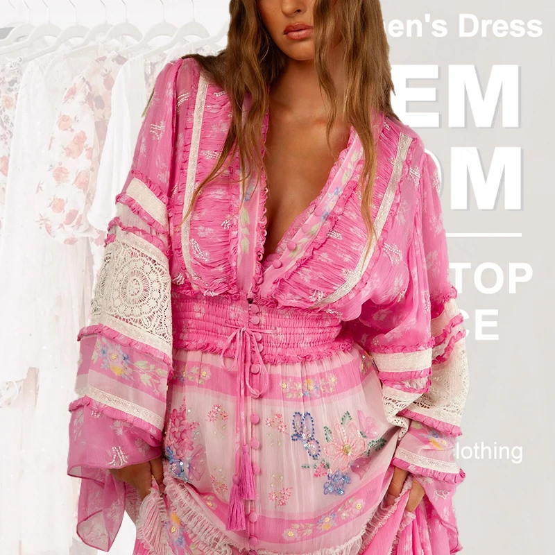 China manufacturing clothes brand boutique custom clothes dress womens fashion summer floral chiffon  long dresses for women