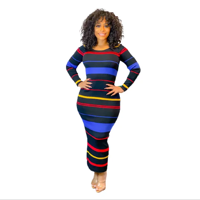 Модное черное платье до щиколотки из полиэстера с принтом в полоску и круглым вырезом