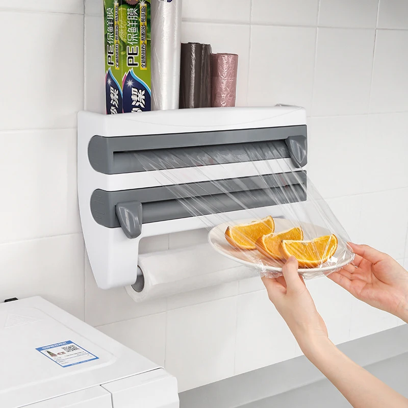 3 In 1 Plastic Wall-Mounted Kitchen Paper Towel Holder Spice Rack Cling Film Wrap Foil Dispenser With Cutter