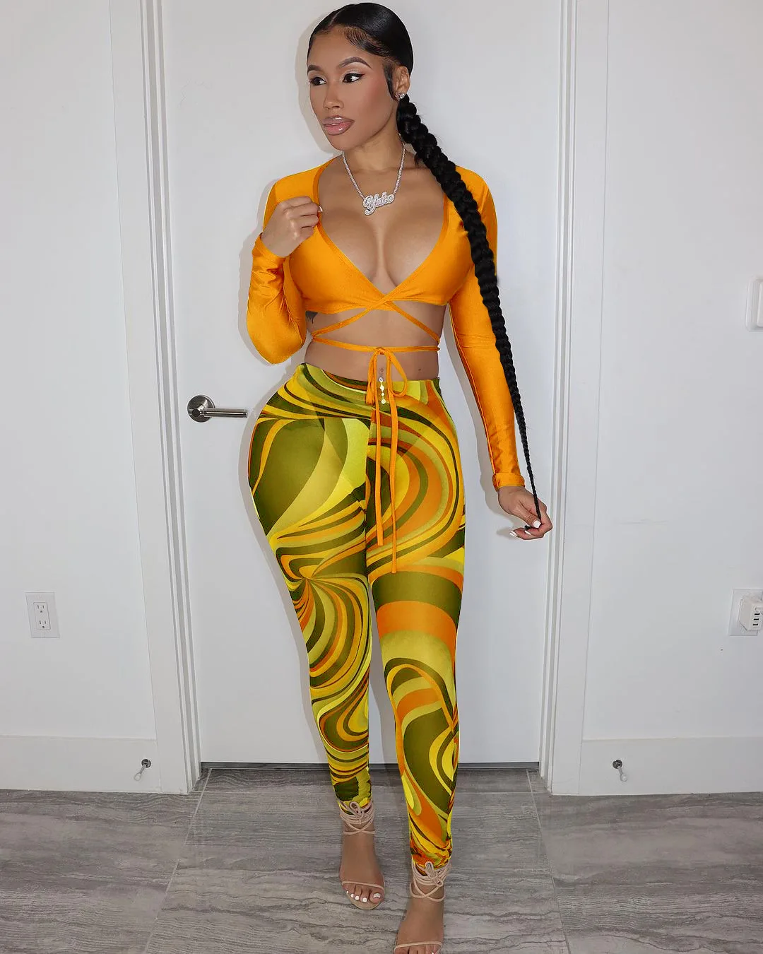 2021 Fall Fashion Women Clothes Sexy V Neck Bandage Crop Top 2 Piece Print Mesh Legging