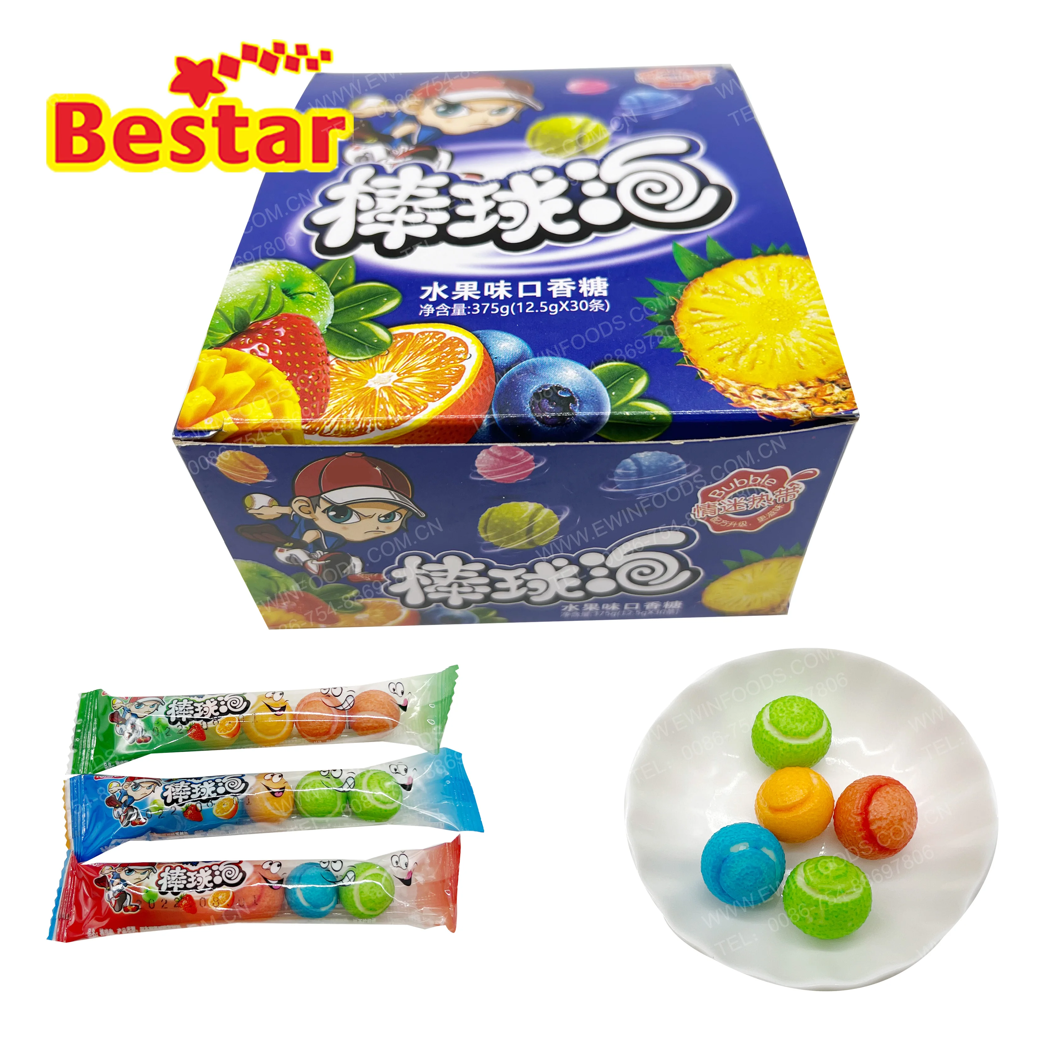 Chicles por mayor colorful baseball shape bubble gum candy tropical fruit flavours chewing gum