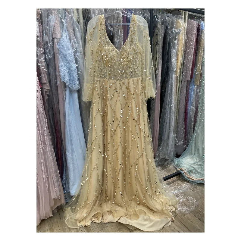 Latest Illusion Beaded Sequin V Neck Long Sleeves A Ling Dubai Muslim Muslimah Women Party Night Prom Dresses Gowns For Ladies