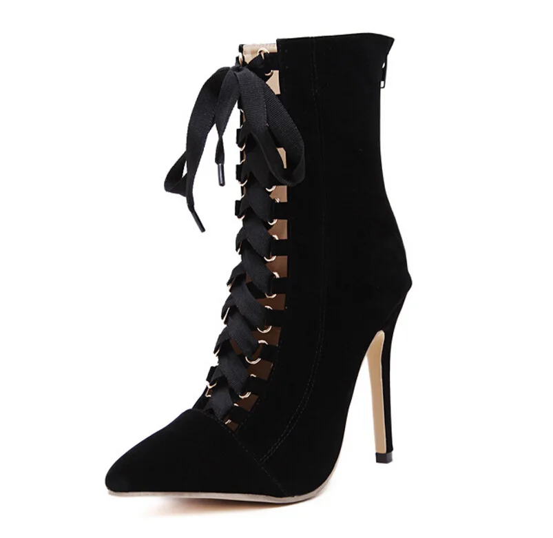 
New Style Botas Para Mujer Con Encaje Ankle Height Lace up Strappy Women Stiletto Heels Sepatu Boots for Ladies 