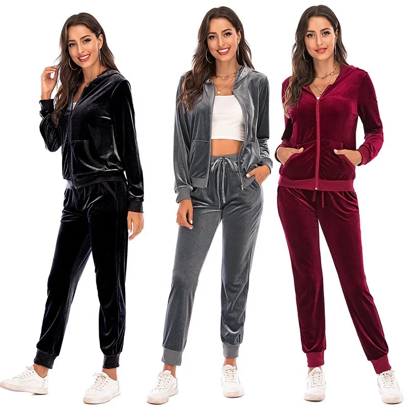 Tracksuit Custom Logo 95% Polyester Fashion Women Leisure Sportswear Workout Clothing 2 Piece Set Velour Tracksuit Jogging Suit