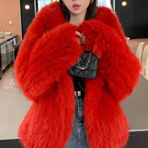 Fashion Fur Coat Women Double Woven Fox Fur Coat Red Color Coat With Hoodie Winter Long Sleeve Outwear