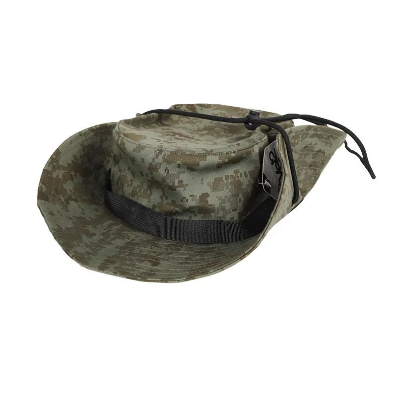 Hot Wholesale Camouflage Fisherman Patch Logo Customized Cotton Unisex Camping Outdoor Wide Brim Camo Bonnie Hat With String