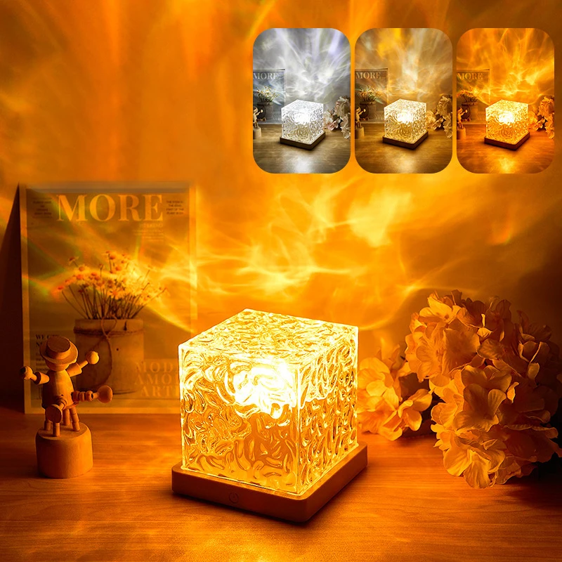 Square LED Crystal Dynamic water ripple light Decorations USB charge touch light Adjustable Romantic Atmosphere table desk lamp