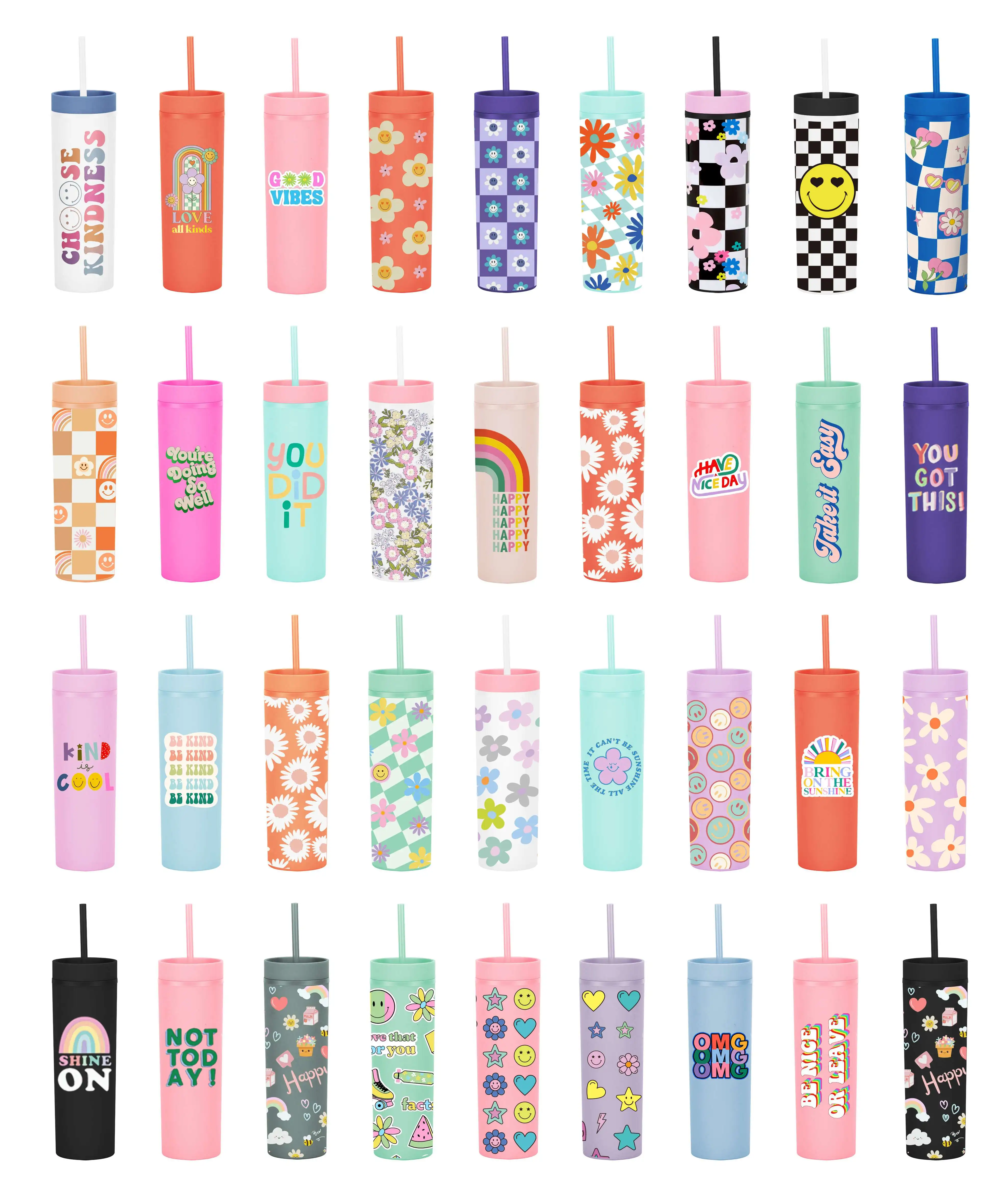 Fancy Cute Creative fashion Designed Pattern Double Wall Acrylic BPA-free Water Bottle Tumbler With Reusable Straw For Kids Home