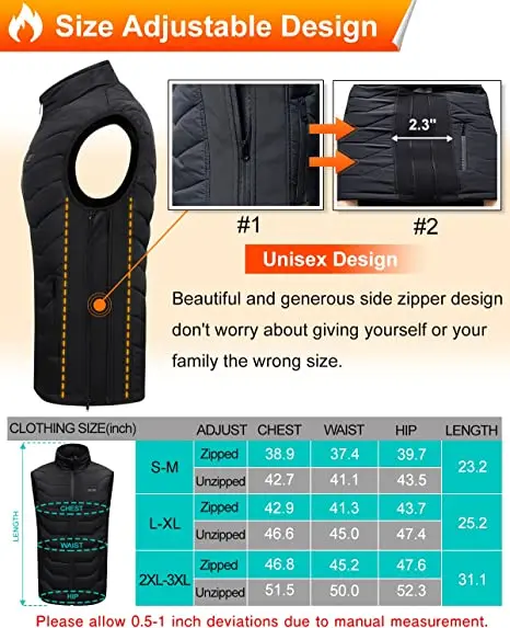 Heated Jacket 11 Zones USB Rechargeable Battery Electric Heated Vest with adjustable zipper side