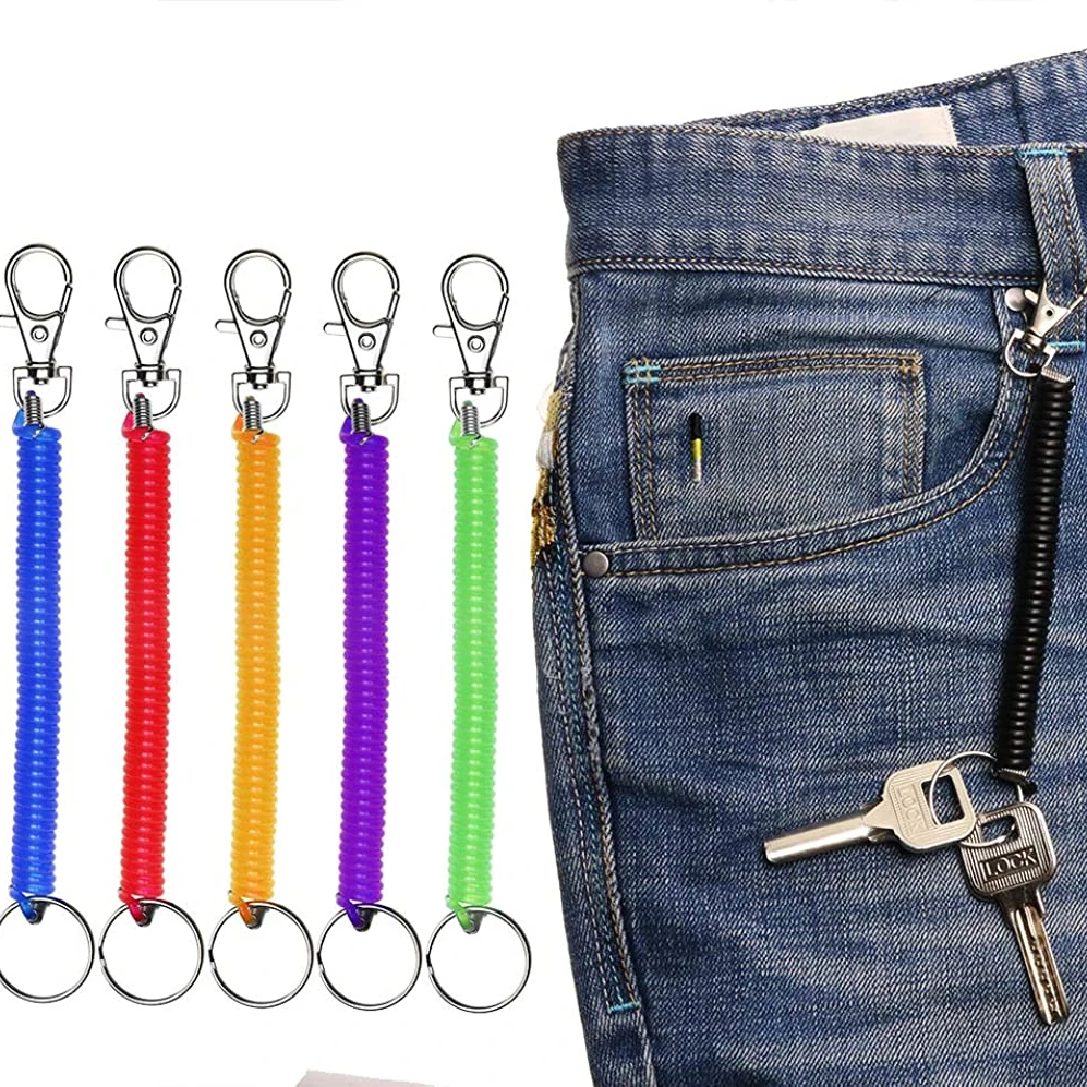 Spiral Retractable Spring Coil Keychain Theftproof Anti-lost Stretch Cord Safety Key Ring with Metal Lobster Clasp for Keys