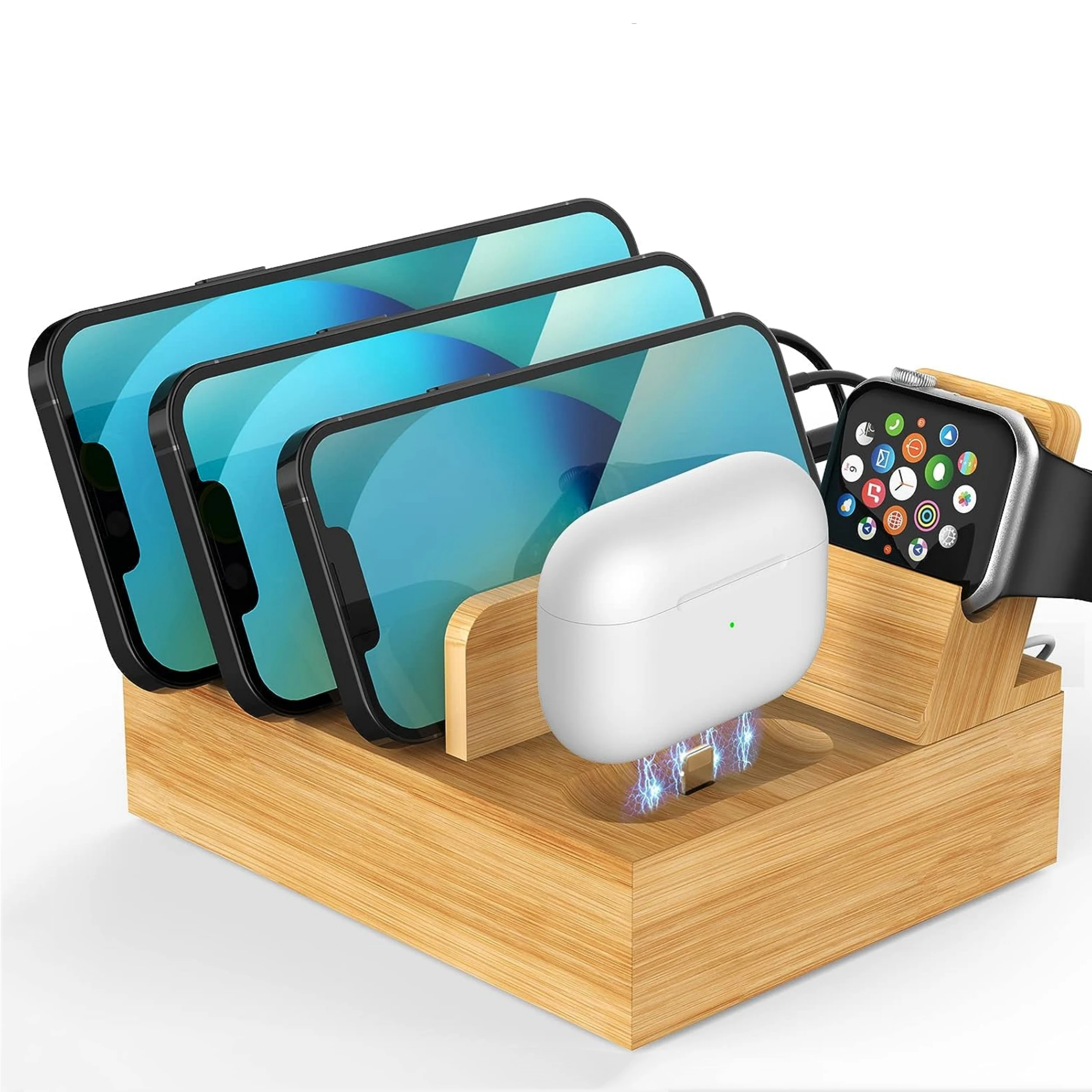 wood phone docking station Bamboo Charging Station Organizer, Fast Charging Station Wood Charging Dock