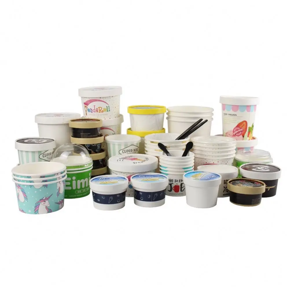 eco friendly custom printed ice cream bowl cups disposable packaging ice cream paper cup with lid spoon