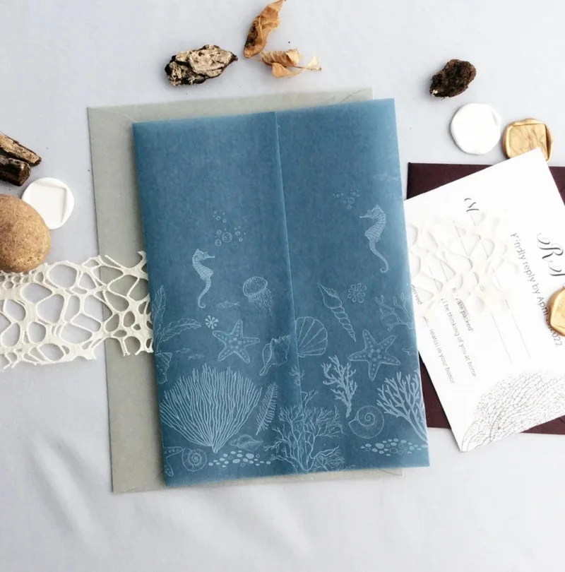 Destination Wedding Steel Blue Translucent Vellum Jacket Beach Under The Sea White Ink Printed Vellum Wrap