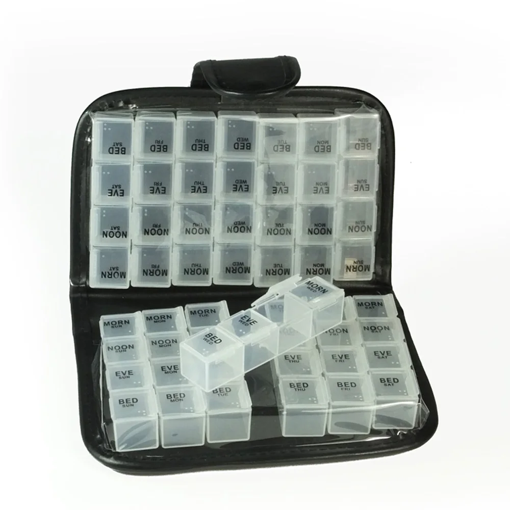14 Day Pill Box with Leather Case, Weekly Pill Organizer, Prescription & Medication Reminder Pill Box