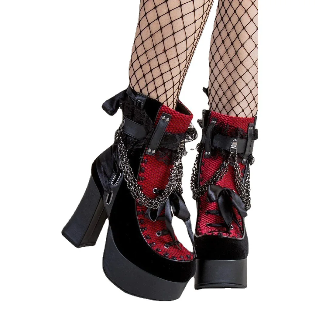 New Arrival Women High Ankle Gothic Boot Zip-up Ankle Punk Boot Shoe with Chain Punk Style Chunky High Platform Leather