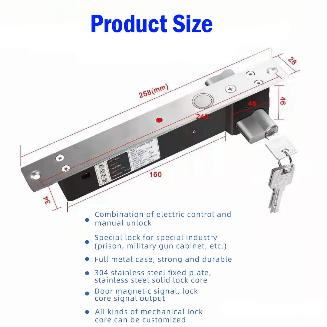 Electronic Door Lock Electric Access Control Bolt Lock Safe Secure Mortise Lock Time Delay Function