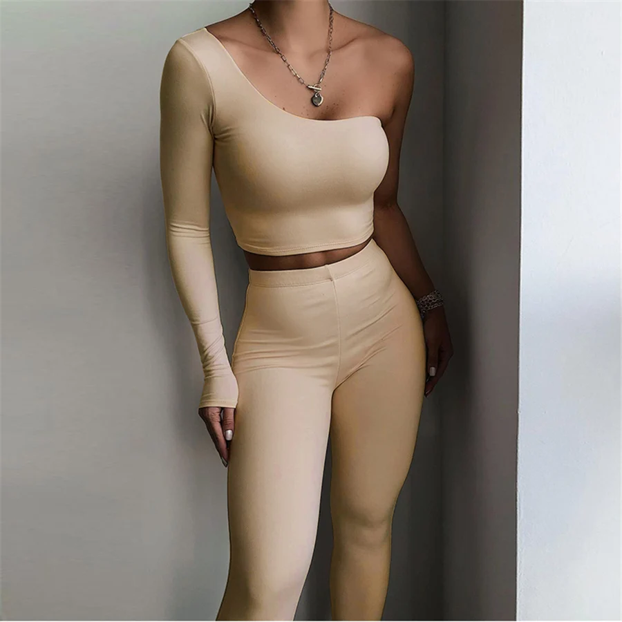 K21S01245 2021 Newest One Shoulder Full Sleeve Top Long Trousers Plain Fitness 2 Piece Sets Women