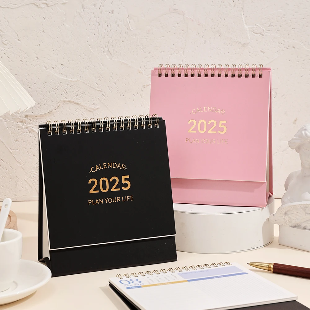 Imoda 2025 Black/Pink Small Desk Calendar Flip Stand Metal Ring Binding With Stickers Monthly Calendar Home School Office