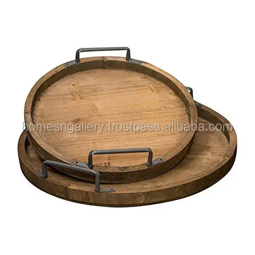 Rectangular Wooden Tray with Metal Handle
