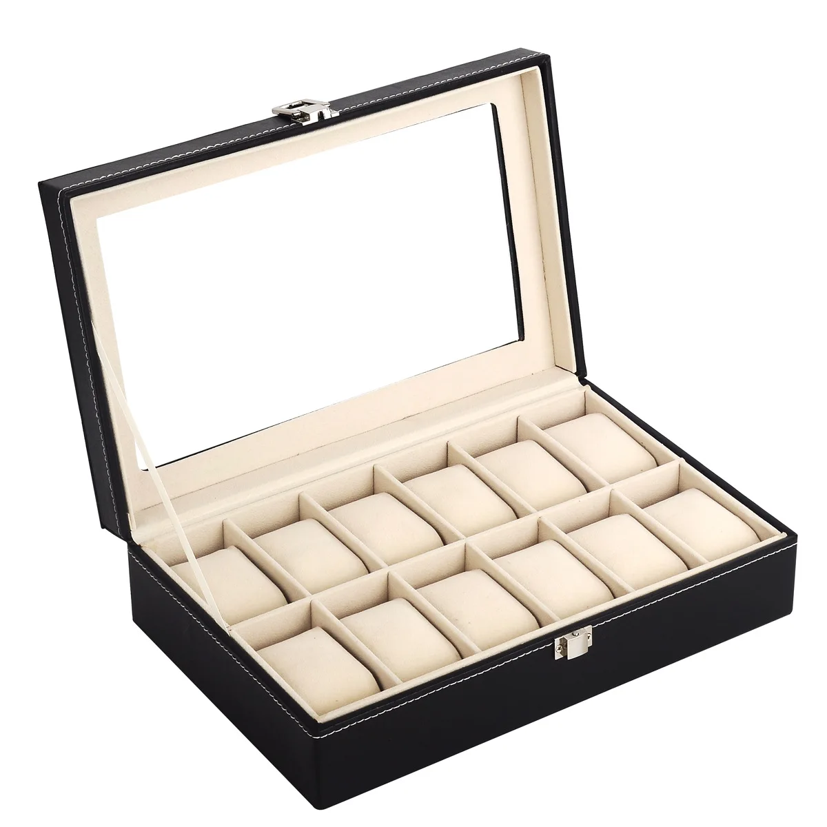Yiwu Wholesale High-end Watch Box 12 Slots Leather Transparent Display for Stores case with Pillows