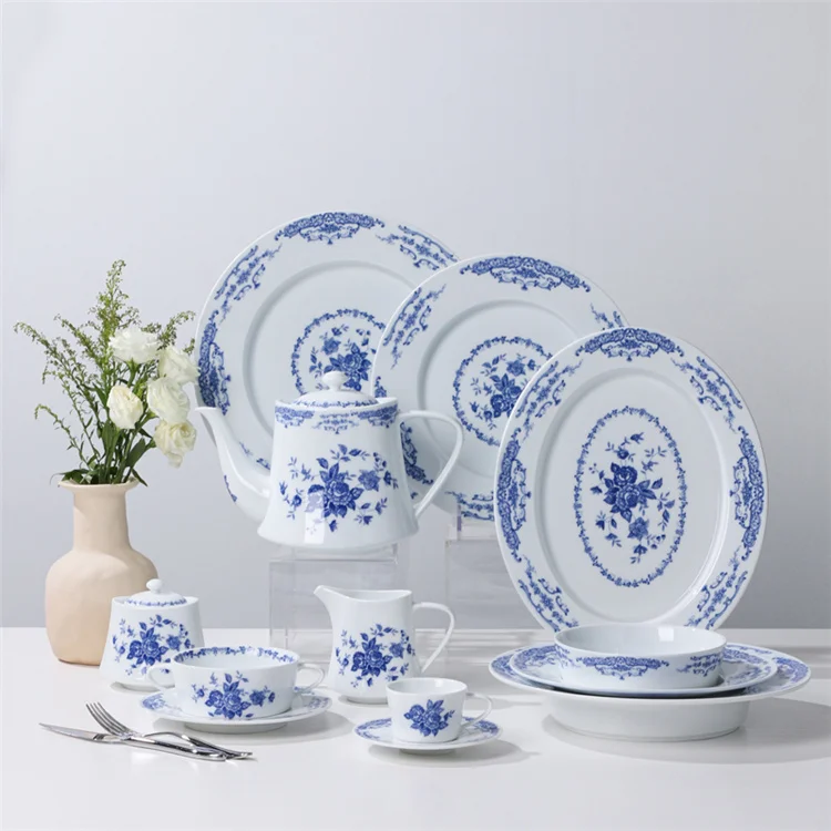 PITO Ceramic Antique Medieval Porcelain Tea Set Blue Decal Teapot Coffee Cup Chinese Ceramic Tea Set Afternoon Porcelain Tea Set