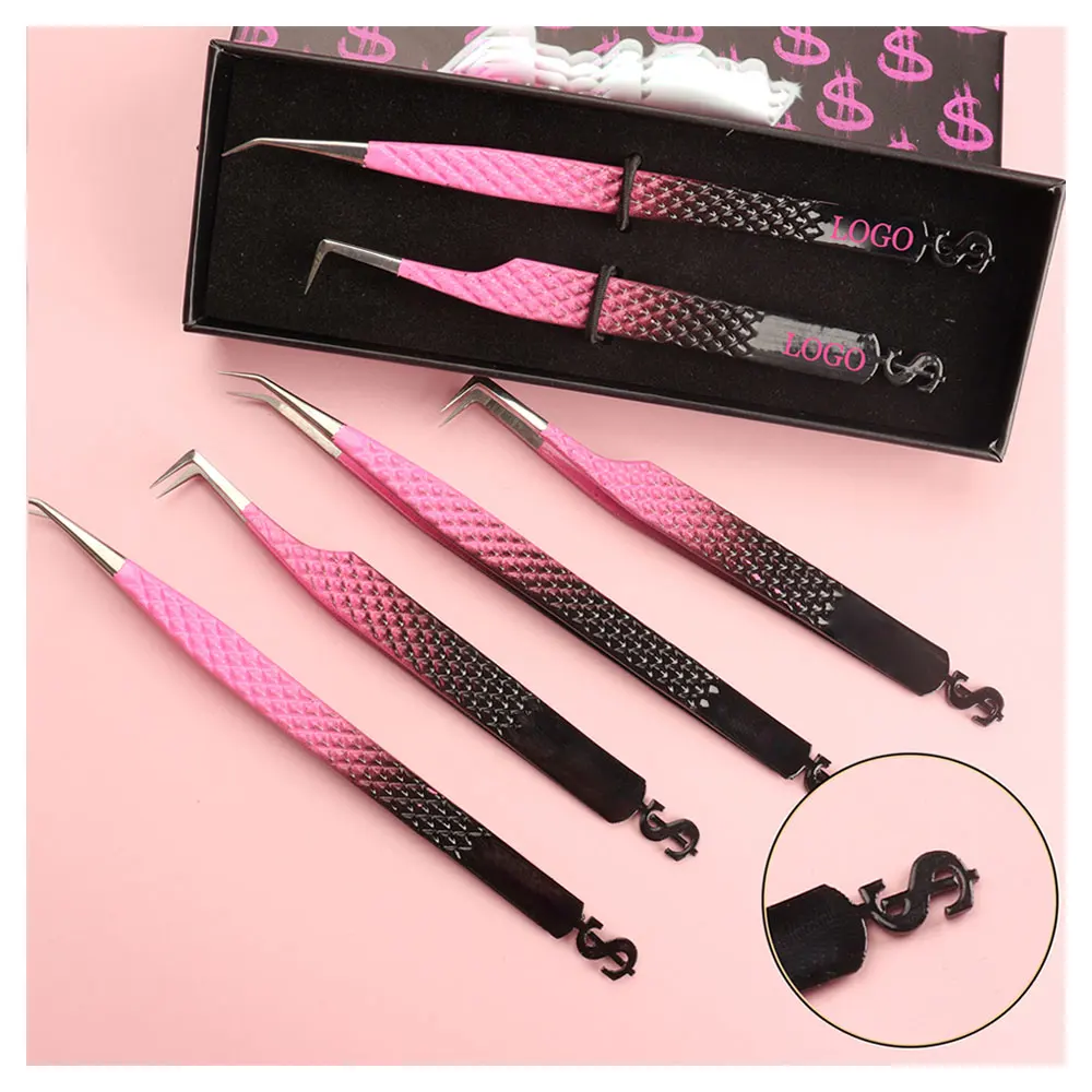 Custom Packaging Private Logo Lash Tweezers DIY Lash Cluster Tweezer Eyelash Tweezers With Fiber Tip
