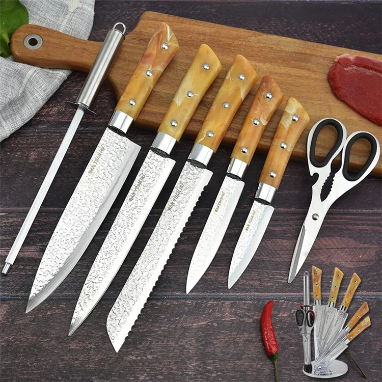 Лучший набор кухонных ножей шеф-повара из нержавеющей стали с подставкой, набор из 7 кухонных ножей