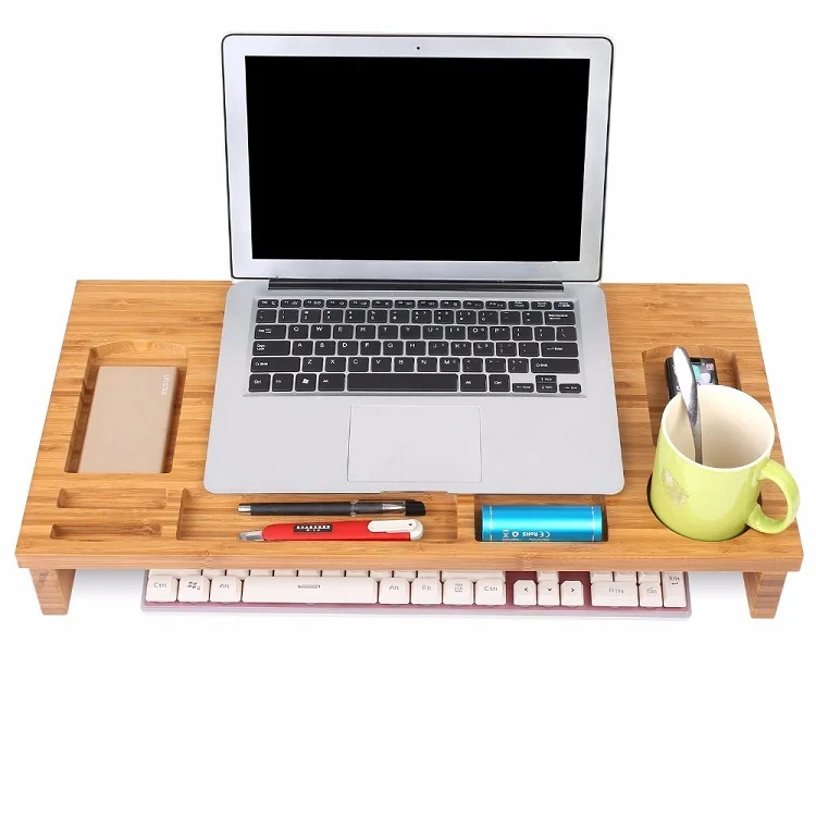 Custom Bamboo Desk Organizer Monitor Stand Computer Keyboard Shelf Desktop Storage Frame TV Printer Holder Rack For Wholesale