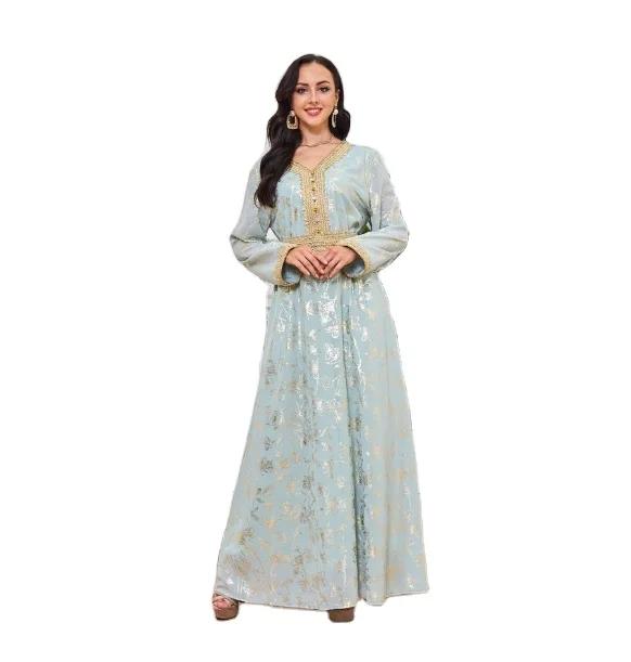 Light Green color bronzing flower pattern free size moroco turkey luxury kaftan dresses for muslim women