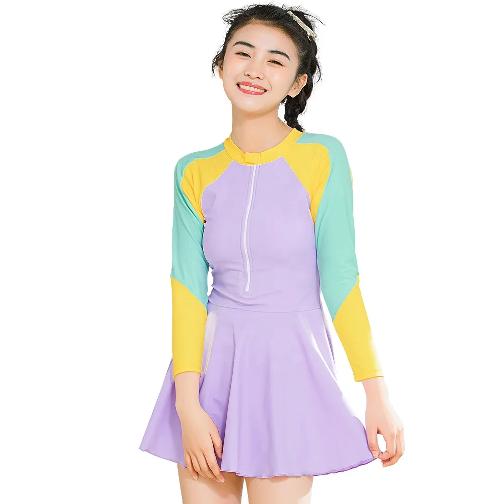Custom new products girls teenager Sports Long Sleeve sporty Swimsuit swimdress one piece swimwear