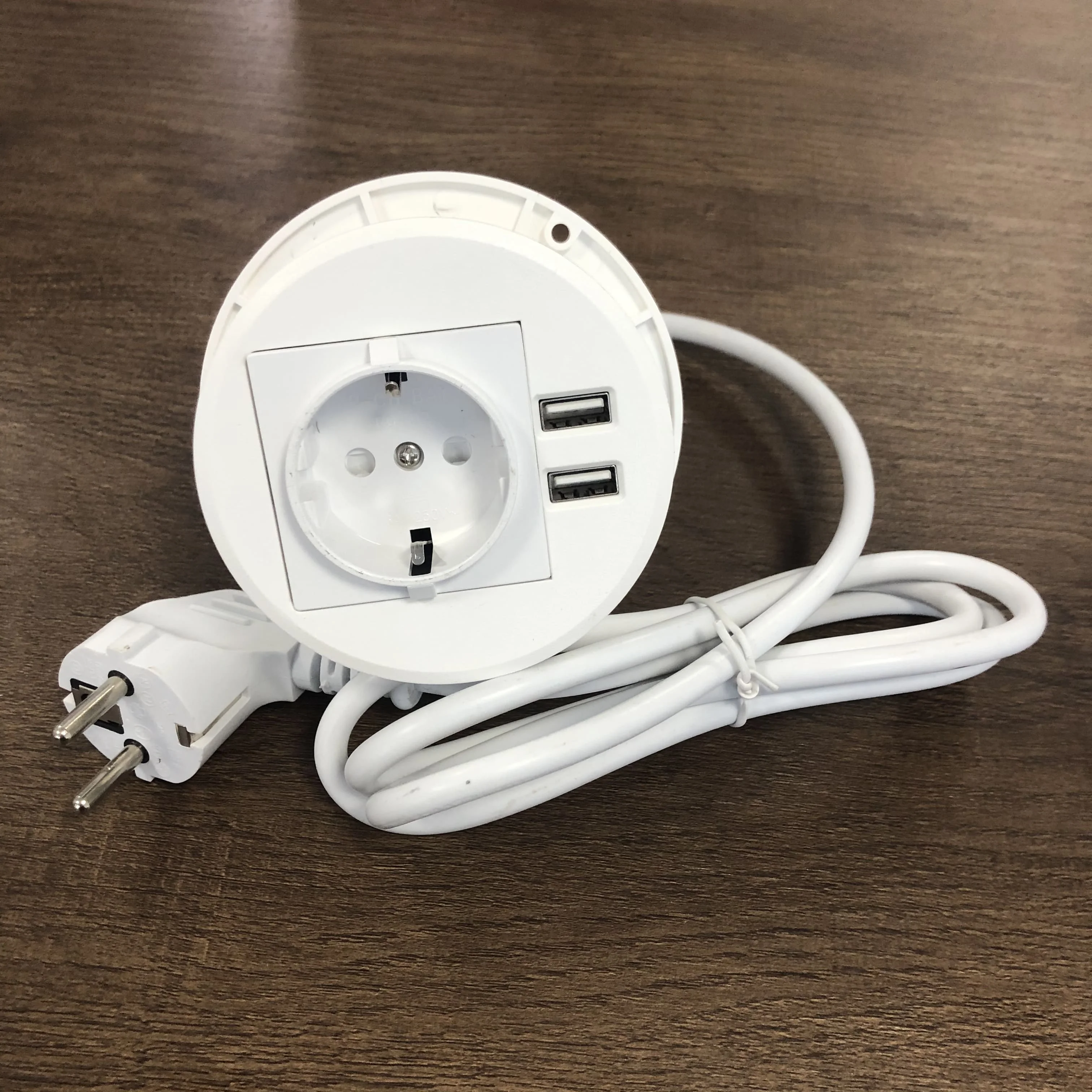 Mounted Tabletop Round EU Standard Schuko Power Outlet with Dual USB Charger Ports/ Embedded European AC Power Furniture Socket