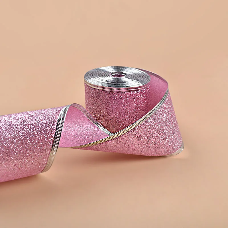 50mm Gold Wire Edge Metallic glitter ribbon Polyester Ribbon Roll Christmas ribbons For Decoration