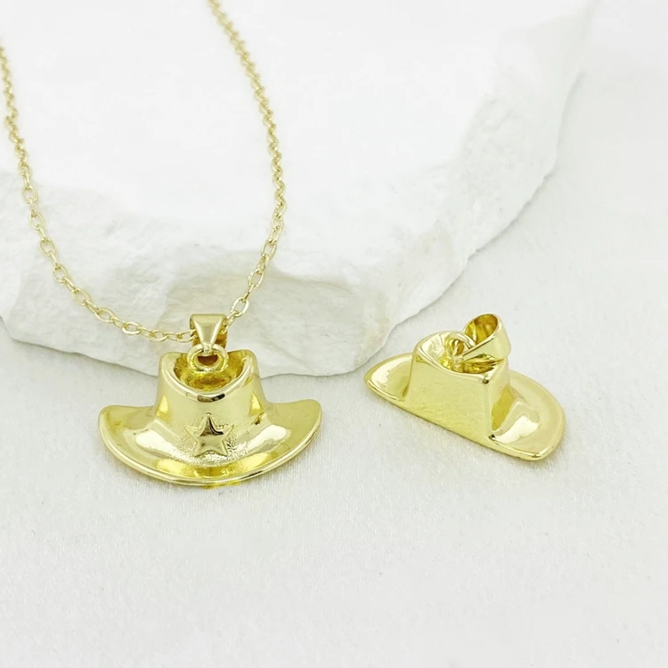 Hip Hop Cool Hat with Star Design Gold Plated Charms Pendant Necklace with18inches Cable Chains Brass Jewelry for Man