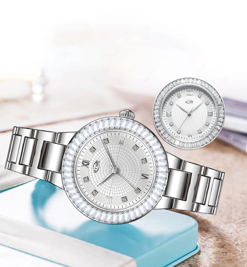 stainless steel crystal women quartz wrist watch sapphire glass 50M water resistant lady watch