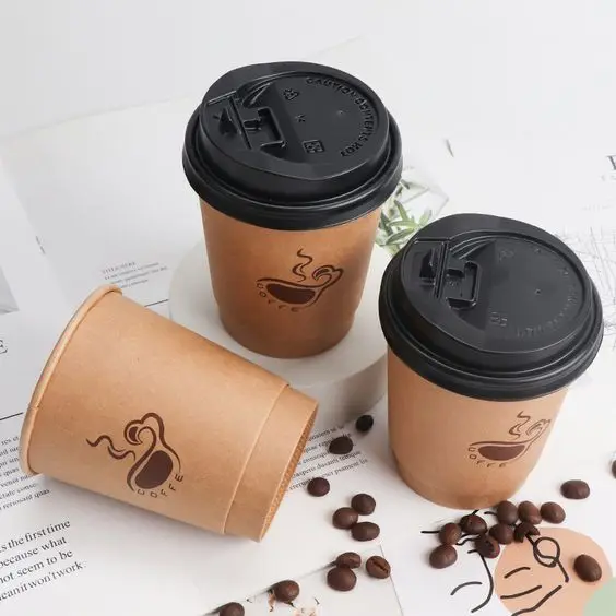 12 oz Custom Printing Logo Arabica Cawa Brown Hot Coffee Takeaway Double Wall Paper Cups with Lids Disposable