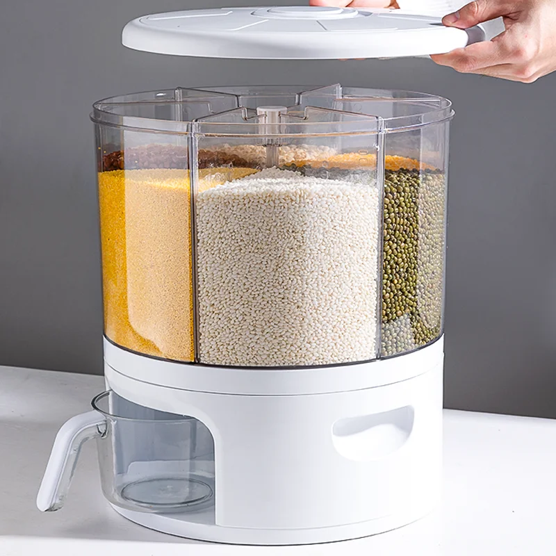 rotation rice Bucket for kitchen   Moisture-proof Grain Storage Bucket with cup Plastic Rice Bucket