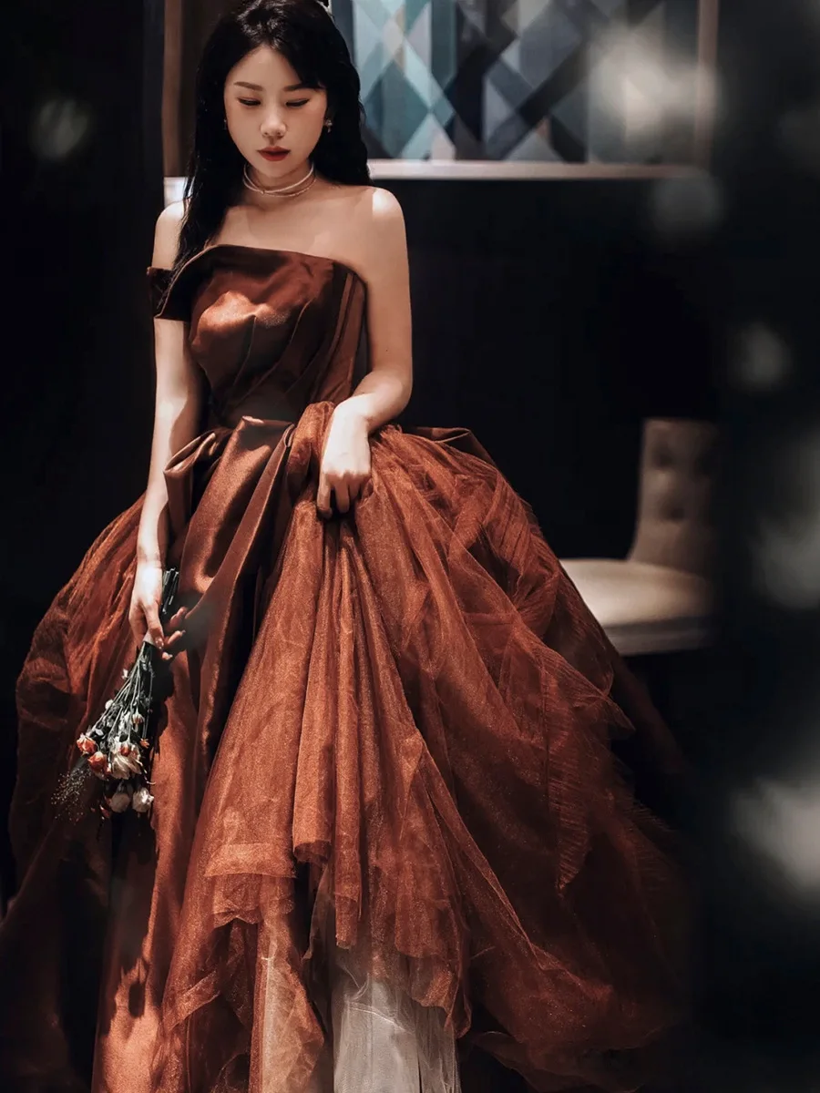 2024 Coffee Color New Design Puffy Chocolate Bridal Wedding Banquet Performance Dresses