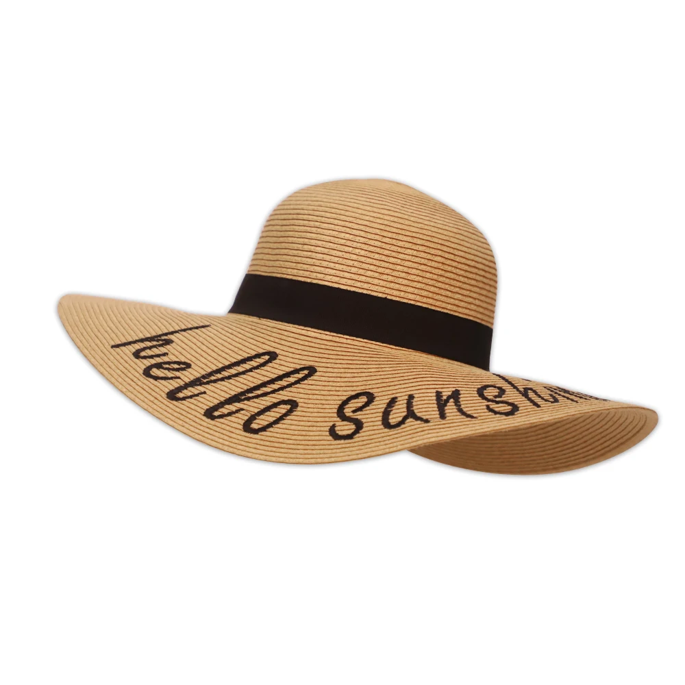 Hot sale alphabet embroidered big brim summer beach sun protection paper floppy straw hat (62487319549)
