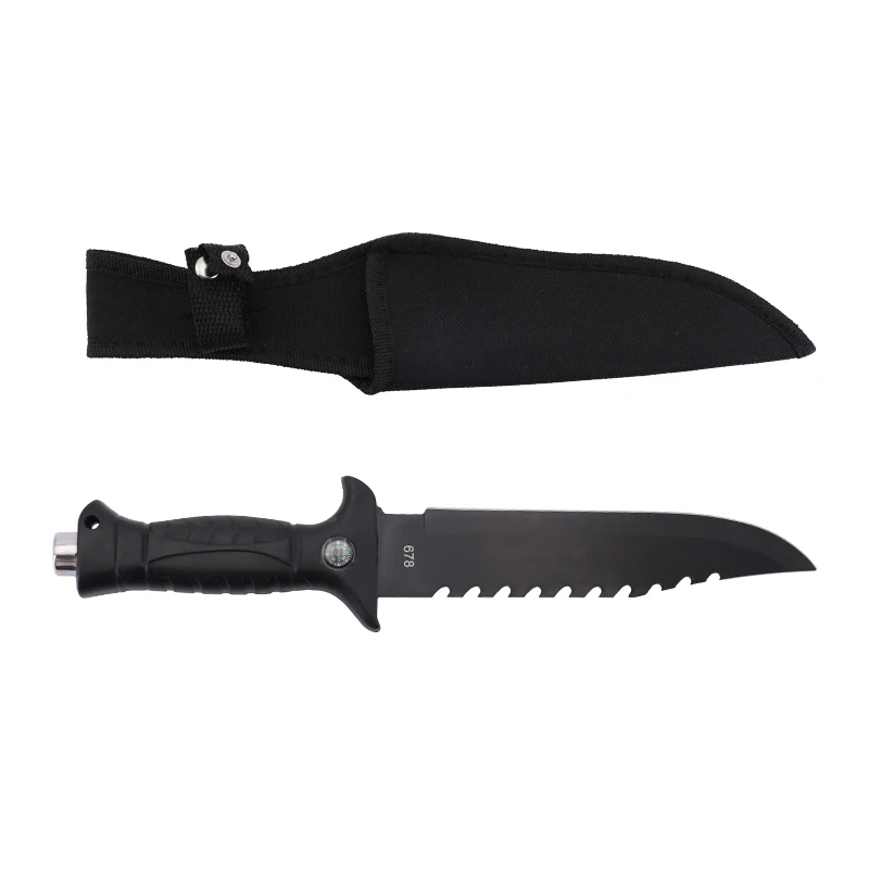 Outdoor survival black knife soft TPR handle camping tactical fighting knife fixed blade knife hunting with compass