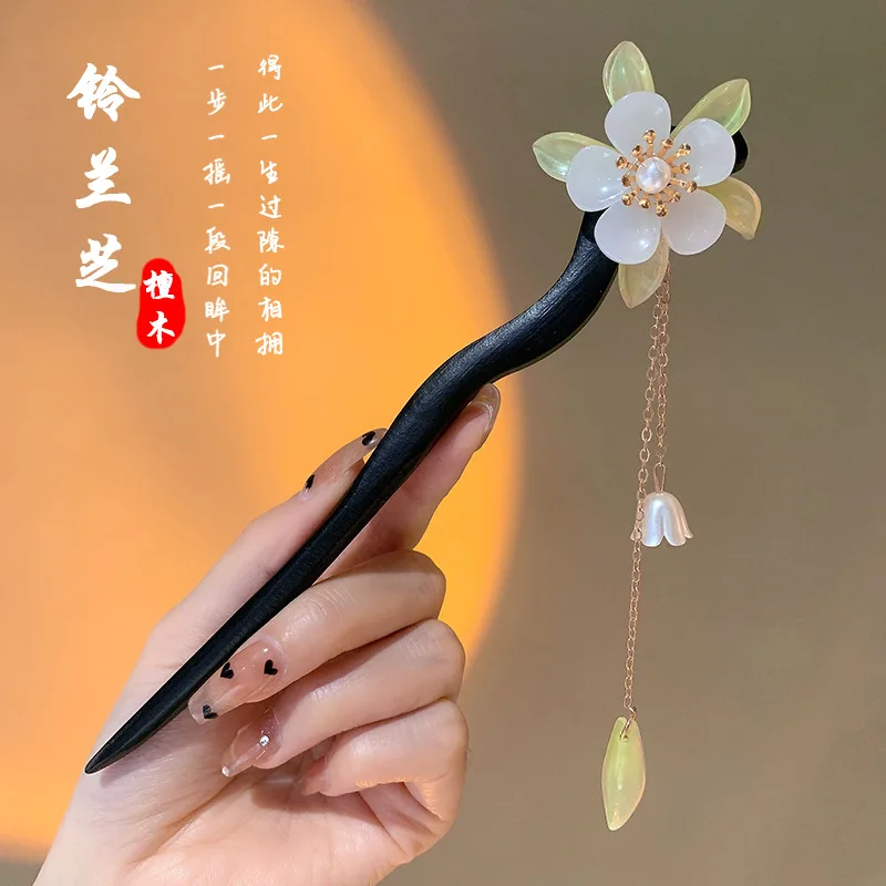 Women Osmanthus Flower Animal Moon Rabbit Hairpin Ancient Style Wood Tassel Hair Stick Pin Buyao Hair Accessories