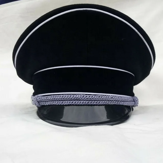 high quality customized Black wool Visor Hat with chin strap officer peck hats with white piping available on factory price