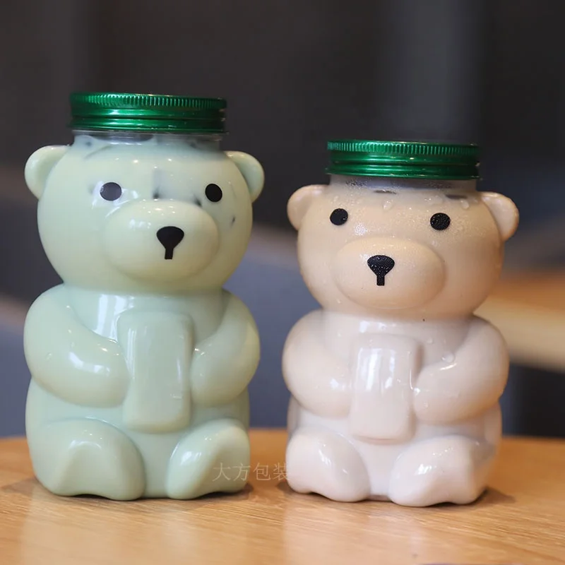 Bear Shaped Bottle 500ml Disposable PET Milk Tea Cup Plastic Juice Bottle