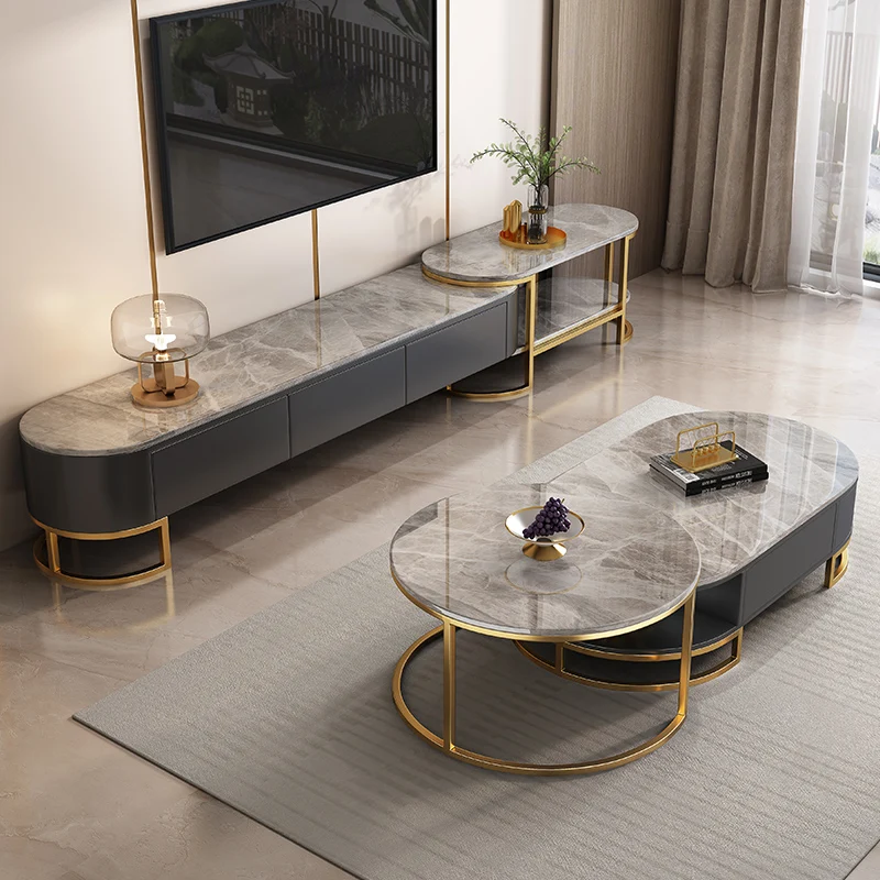 HANYEE Luxury Marble Top Coffee table Tv Stand Stainless steel Base With Storage console table Sets Grey tv Cabinet