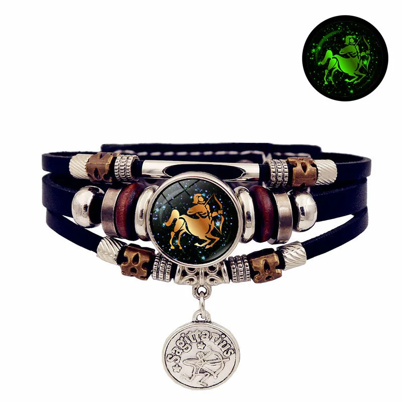glow in the dark 12 bracelet Zodiac Signs bracelet, multi-layer leather zodiac sign bracelet