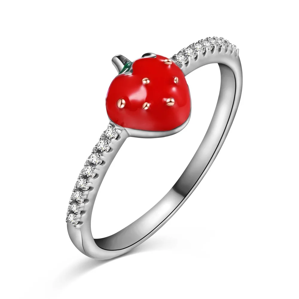 Hot selling S925 sterling silver ring for women with sweet strawberry style enamel design fairy wedding jewelry