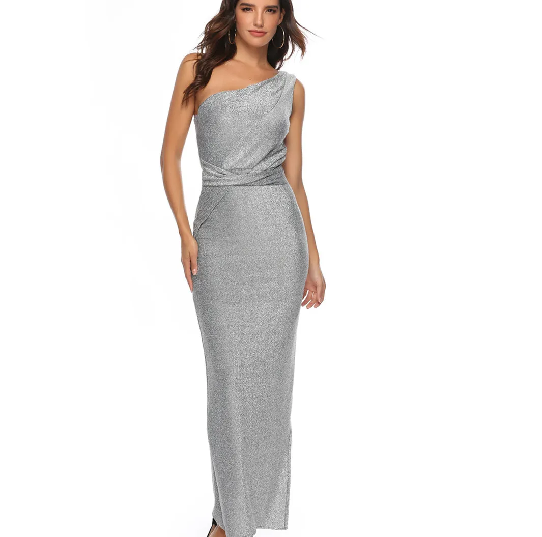 
Women clothes new design grey color one shoulder light silk elegant wedding dress plus size sexy maxi dress bridesmaid 