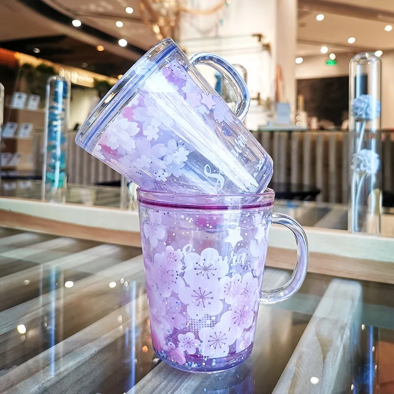 
Girlwill Sakura Double Wall Plastic Cup With Handles And Water Inside Tea Mugs Custom Logo Coffee Tumbler Bottles Wholesale 