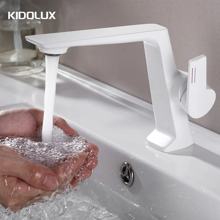 Kidolux Modern Bathroom Sink Tap Deck Mounted Matt White Single Handle Cold Water Wash Hand Zinc Square Basin Faucet Tap