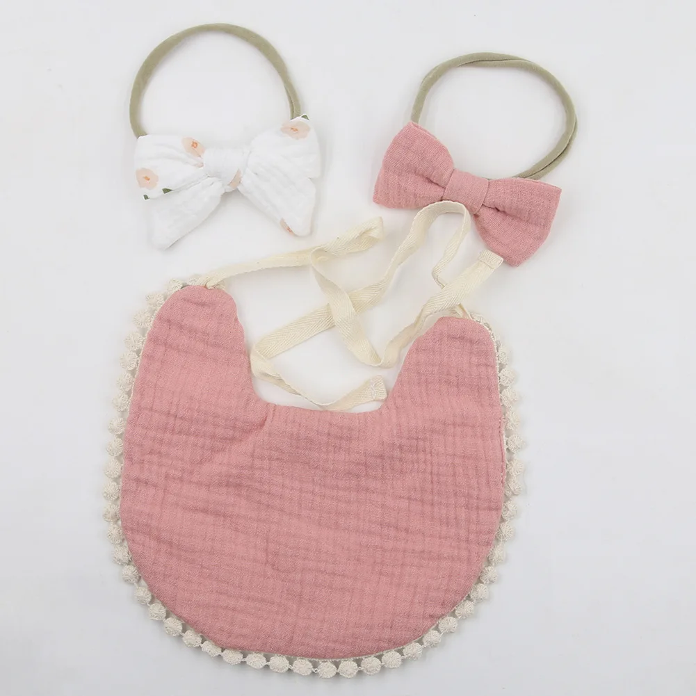 Wholesale Newborn Printed Saliva Towel 2-Layer Gauze Infant Cotton Bib Baby Bow Headband Sets